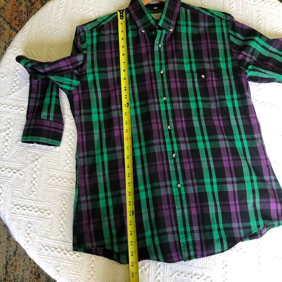 VTG 70s Parkshire Plaid Button Down Dress Shirt L Green Purple Korea Retro Prep - Picture 5 of 6